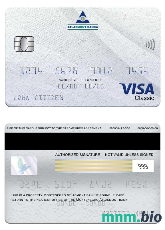 Montenegro Atlasmont Bank visa klasyczny karta przykład w formacie PSD